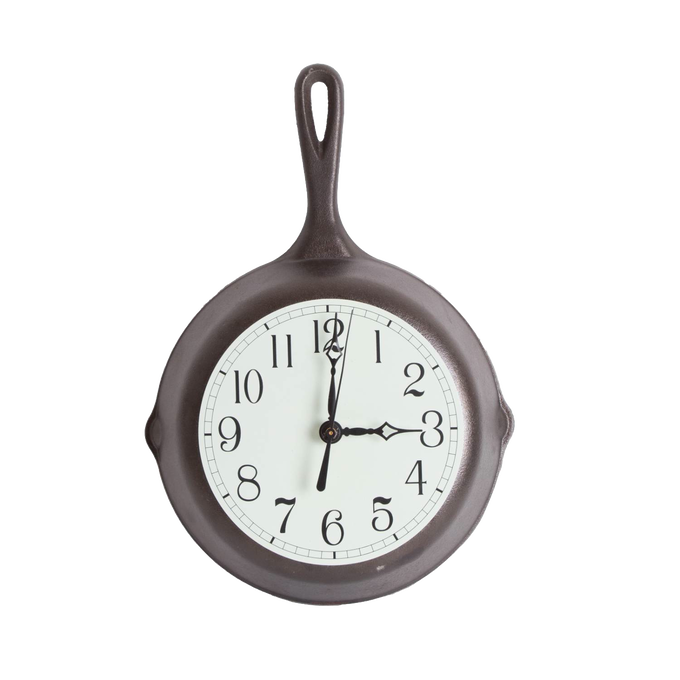 Handcrafted cast iron skillet clock with light green undertone face and black numerals, made in USA, perfect for Home & Decor, Cast Iron, and Best Sellers collections.