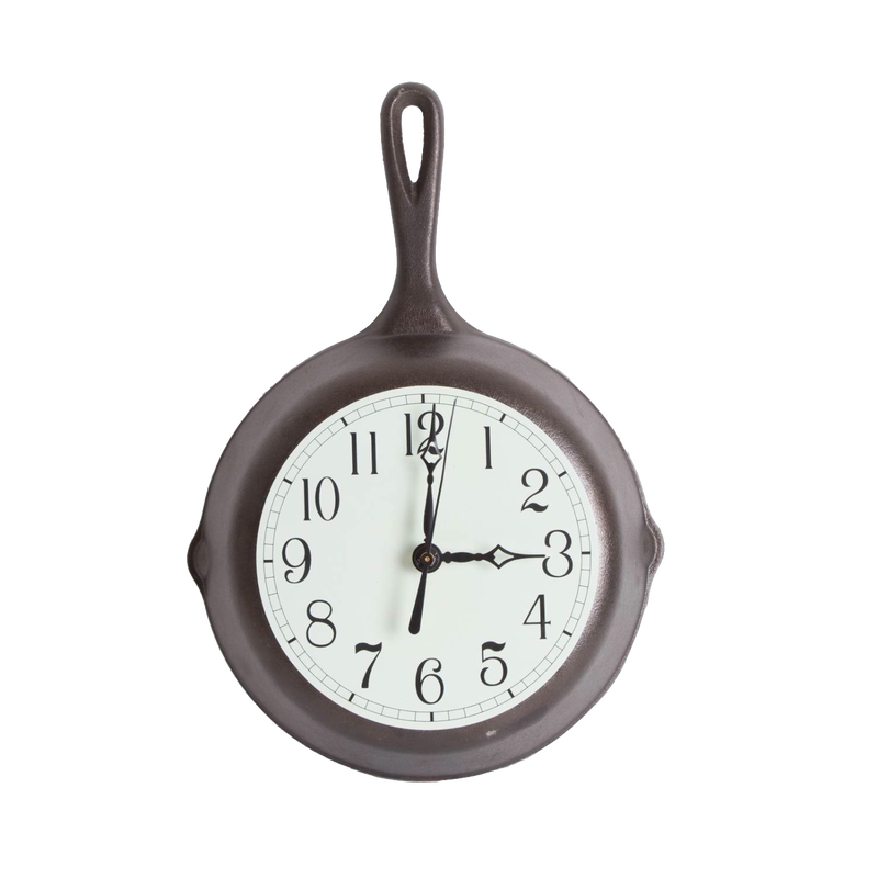 Handcrafted cast iron skillet clock with light green undertone face and black numerals, made in USA, perfect for Home & Decor, Cast Iron, and Best Sellers collections.