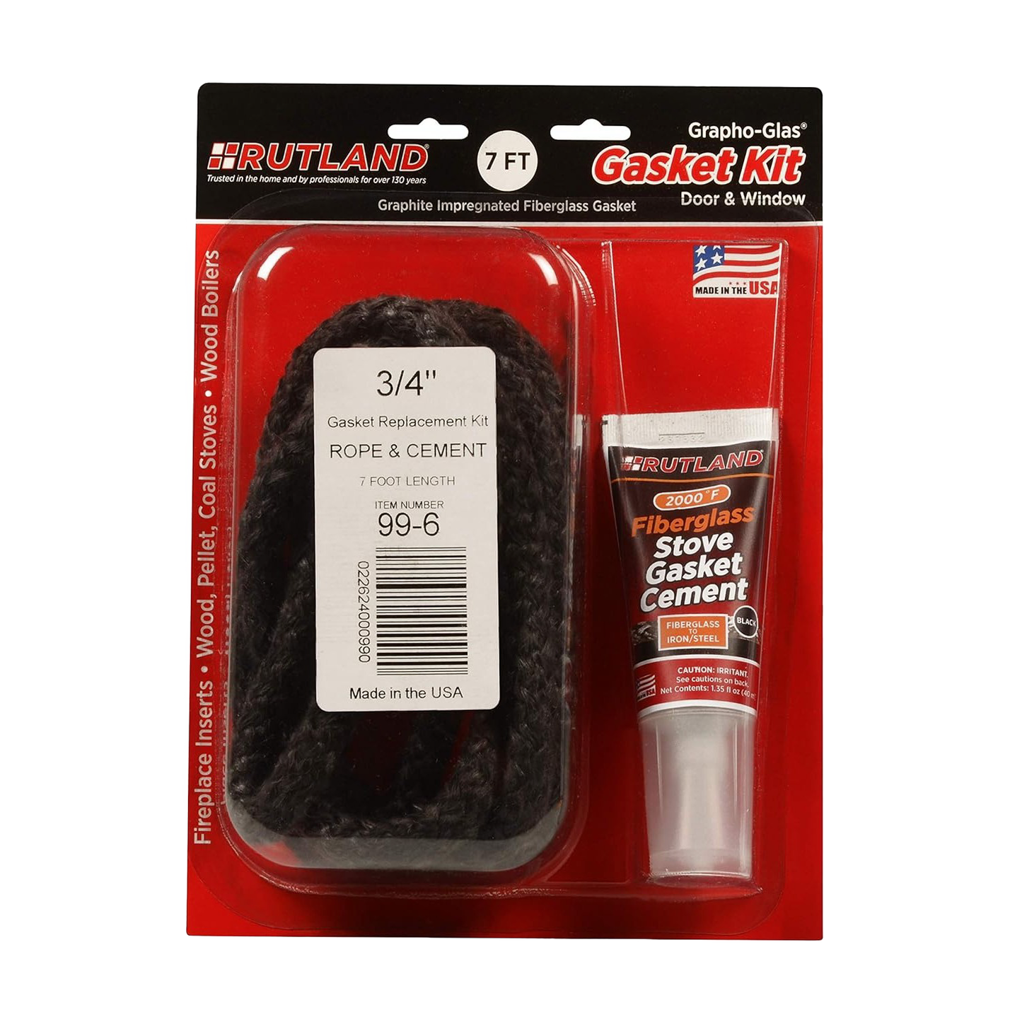 Handcrafted replacement gasket kit containing seven feet of graphite-impregnated fiberglass rope and a tube of stove gasket cement, suitable for use on airtight wood stoves in Stoves, Hearth Accessories, Best Sellers, Promo Eligible, and All Stoves & Appliances collections.