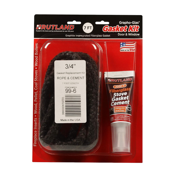 Handcrafted replacement gasket kit containing seven feet of graphite-impregnated fiberglass rope and a tube of stove gasket cement, suitable for use on airtight wood stoves in Stoves, Hearth Accessories, Best Sellers, Promo Eligible, and All Stoves & Appliances collections.