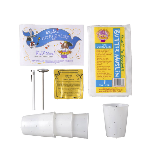 Goat cheese-making kit including small recipe booklet with illustrated instructions, four perforated molds, cheese starter cultures, and butter muslin cloth, ideal for Kitchen & Food, Specialty Equipment, DIY Cheese and Yogurt, and Best Sellers collections.