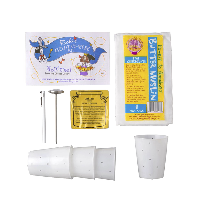 Goat cheese-making kit including small recipe booklet with illustrated instructions, four perforated molds, cheese starter cultures, and butter muslin cloth, ideal for Kitchen & Food, Specialty Equipment, DIY Cheese and Yogurt, and Best Sellers collections.
