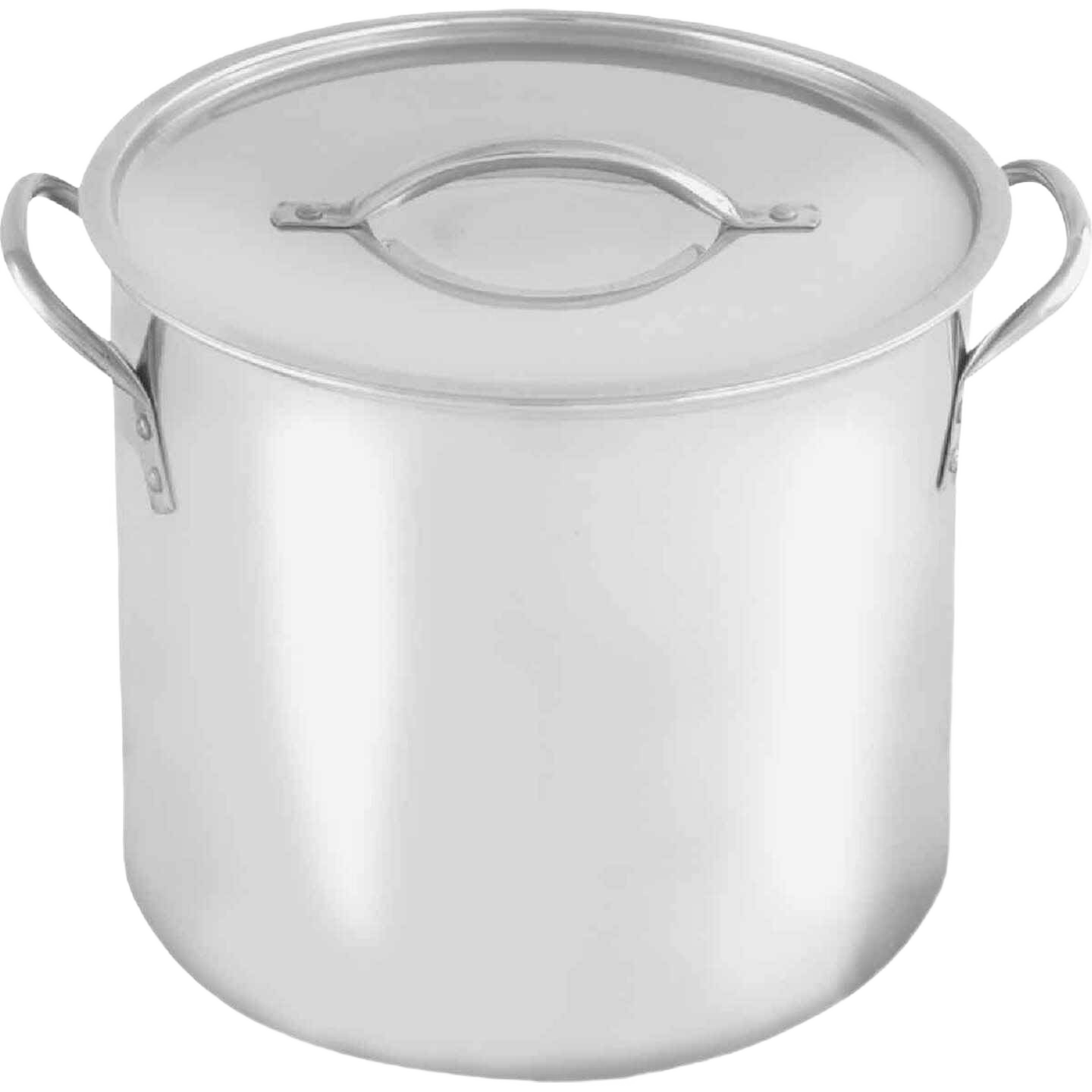 Large polished stainless steel stockpot with tight-fitting lid and side handles, versatile for cooking and kitchen use, featured in Kitchen & Food, Cookware, and Best Sellers collections.
