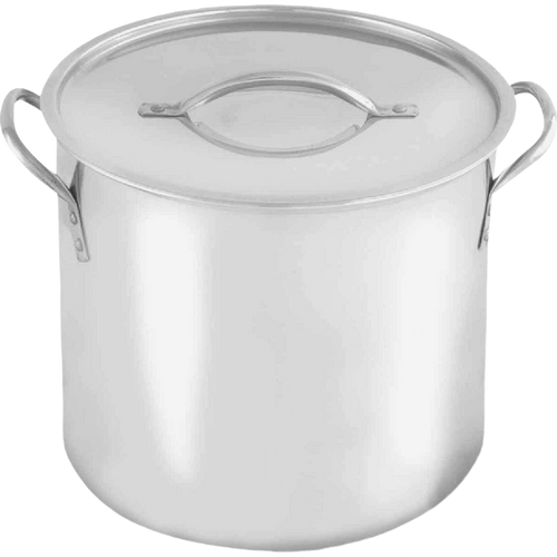 Large polished stainless steel stockpot with tight-fitting lid and side handles, versatile for cooking and kitchen use, featured in Kitchen & Food, Cookware, and Best Sellers collections.