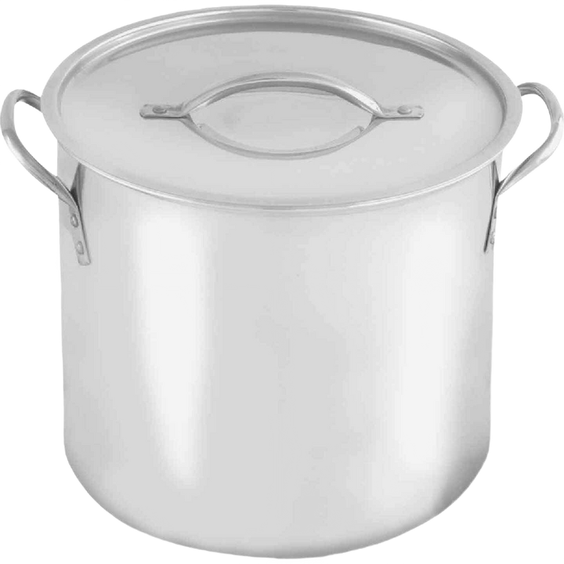Large polished stainless steel stockpot with tight-fitting lid and side handles, versatile for cooking and kitchen use, featured in Kitchen & Food, Cookware, and Best Sellers collections.