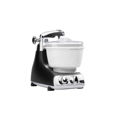 Black and white ice cream mixer attachment designed for use with stand mixers, featuring a freezing bowl and control knobs, ideal for Kitchen Gadgets and Specialty Equipment collections.