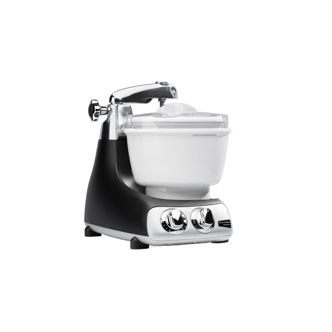 Black and white ice cream mixer attachment designed for use with stand mixers, featuring a freezing bowl and control knobs, ideal for Kitchen Gadgets and Specialty Equipment collections.