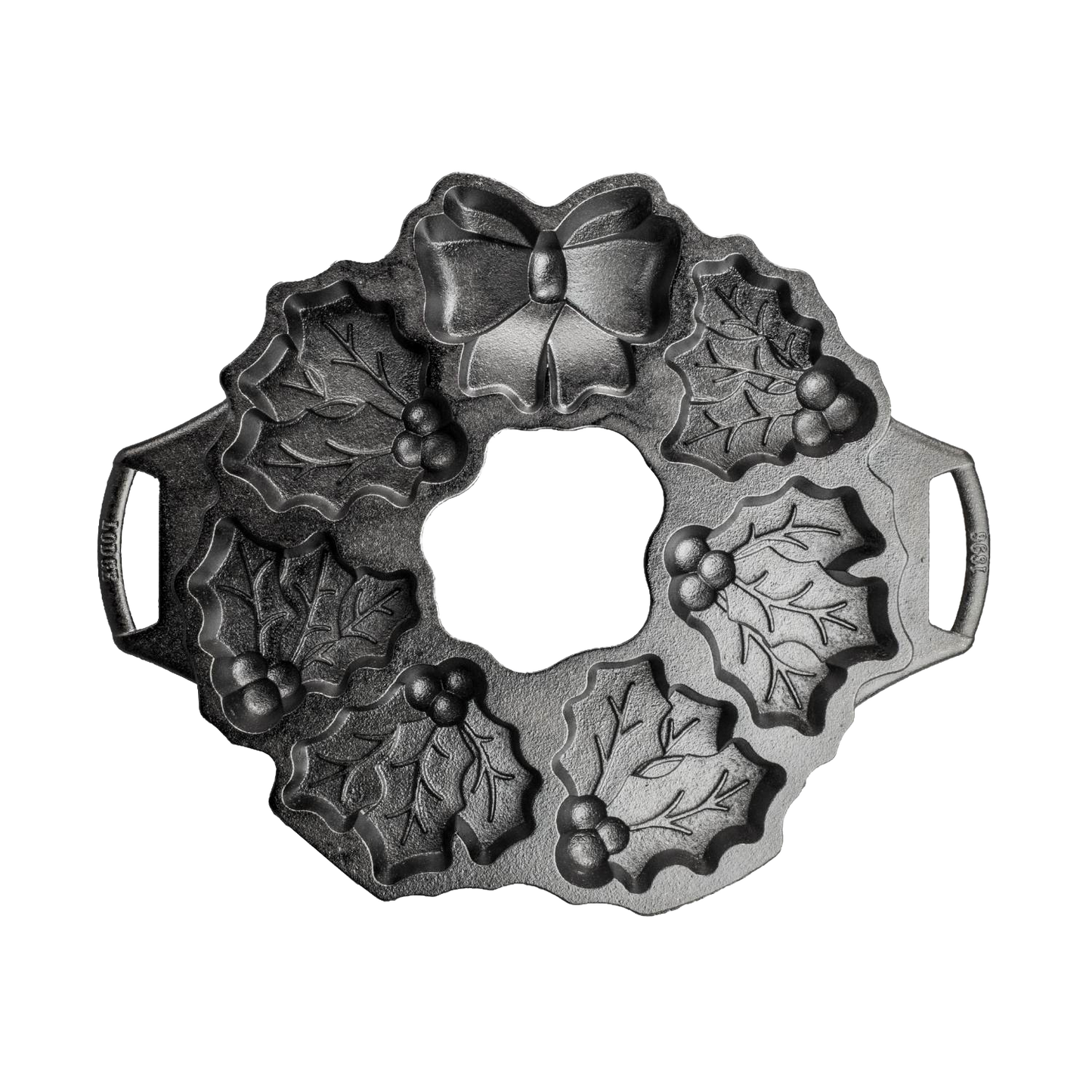 Seasoned cast iron cakelet pan shaped like a holiday wreath with holly leaves, berries, and bow details, ideal for even baking in Kitchen & Food and Cast Iron collections.