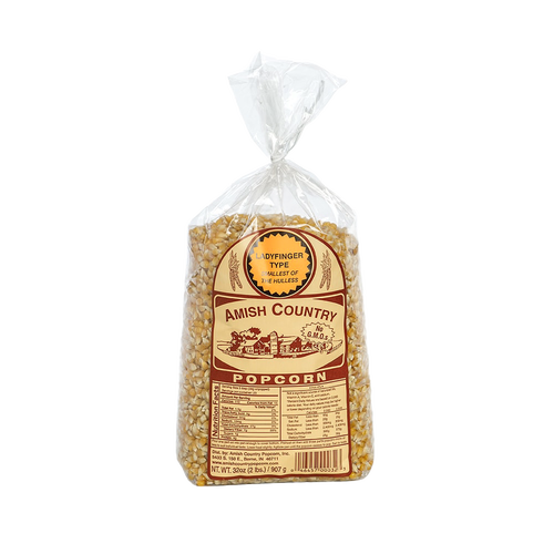 Clear plastic bag of Amish Country popcorn kernels labeled Ladyfinger type, handcrafted and Amish made, ideal for Kitchen & Food, Snacks and Sweets, Popcorn, and Best Sellers collections.