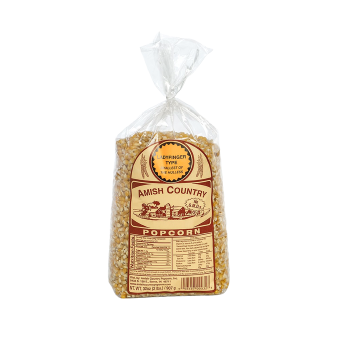 Clear plastic bag of Amish Country popcorn kernels labeled Ladyfinger type, handcrafted and Amish made, ideal for Kitchen & Food, Snacks and Sweets, Popcorn, and Best Sellers collections.