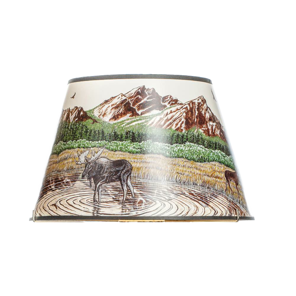 Lamp shade featuring a scenic Rocky Mountain landscape with wildlife at a water edge, designed for Lamps & Lighting, Oil Lamps, Table Lamps, Best Sellers, and Promo Eligible collections.