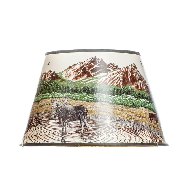Lamp shade featuring a scenic Rocky Mountain landscape with wildlife at a water edge, designed for Lamps & Lighting, Oil Lamps, Table Lamps, Best Sellers, and Promo Eligible collections.