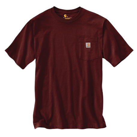 Unique handcrafted heavyweight cotton short-sleeve pocket tee in rich burgundy with a rib-knit crewneck and chest pocket featuring a small logo patch, ideal for Health & Wellness, Clothing and Accessories, Best Sellers, and Promo Eligible collections.