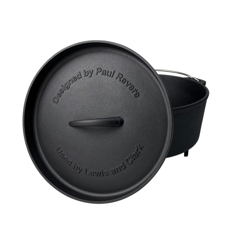 Handcrafted nitrided cast iron Dutch oven with lid featuring historic engraving, designed for durable campfire cooking in Farm, Garden & Tool, Kitchen & Food, Camping, Cookware, Cast Iron, Best Sellers, and Promo Eligible collections.