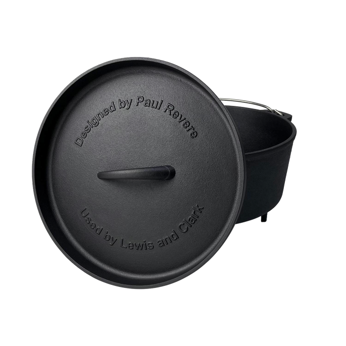 Handcrafted nitrided cast iron Dutch oven with lid featuring historic engraving, designed for durable campfire cooking in Farm, Garden & Tool, Kitchen & Food, Camping, Cookware, Cast Iron, Best Sellers, and Promo Eligible collections.