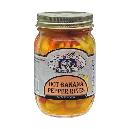 Jar of handcrafted hot banana pepper rings, made in USA, perfect for adding bold flavor to sandwiches, salads, and pizza, featured in Kitchen & Food and Pantry collections.