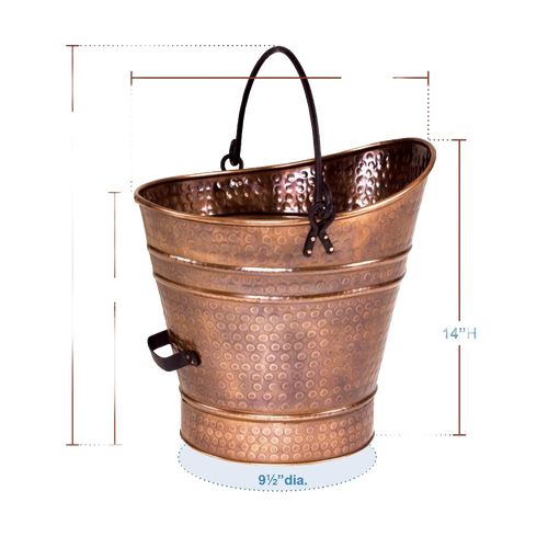 Large hammered copper coal hod with black bail handle and side grip, designed to hold ashes safely, featured in Stoves, Hearth Accessories, Best Sellers, and Promo Eligible collections.