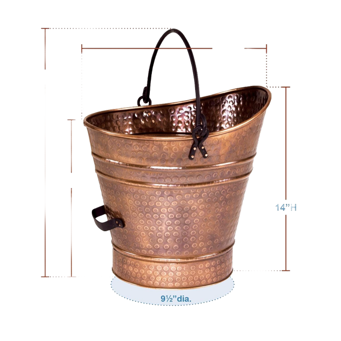 Large hammered copper coal hod with black bail handle and side grip, designed to hold ashes safely, featured in Stoves, Hearth Accessories, Best Sellers, and Promo Eligible collections.