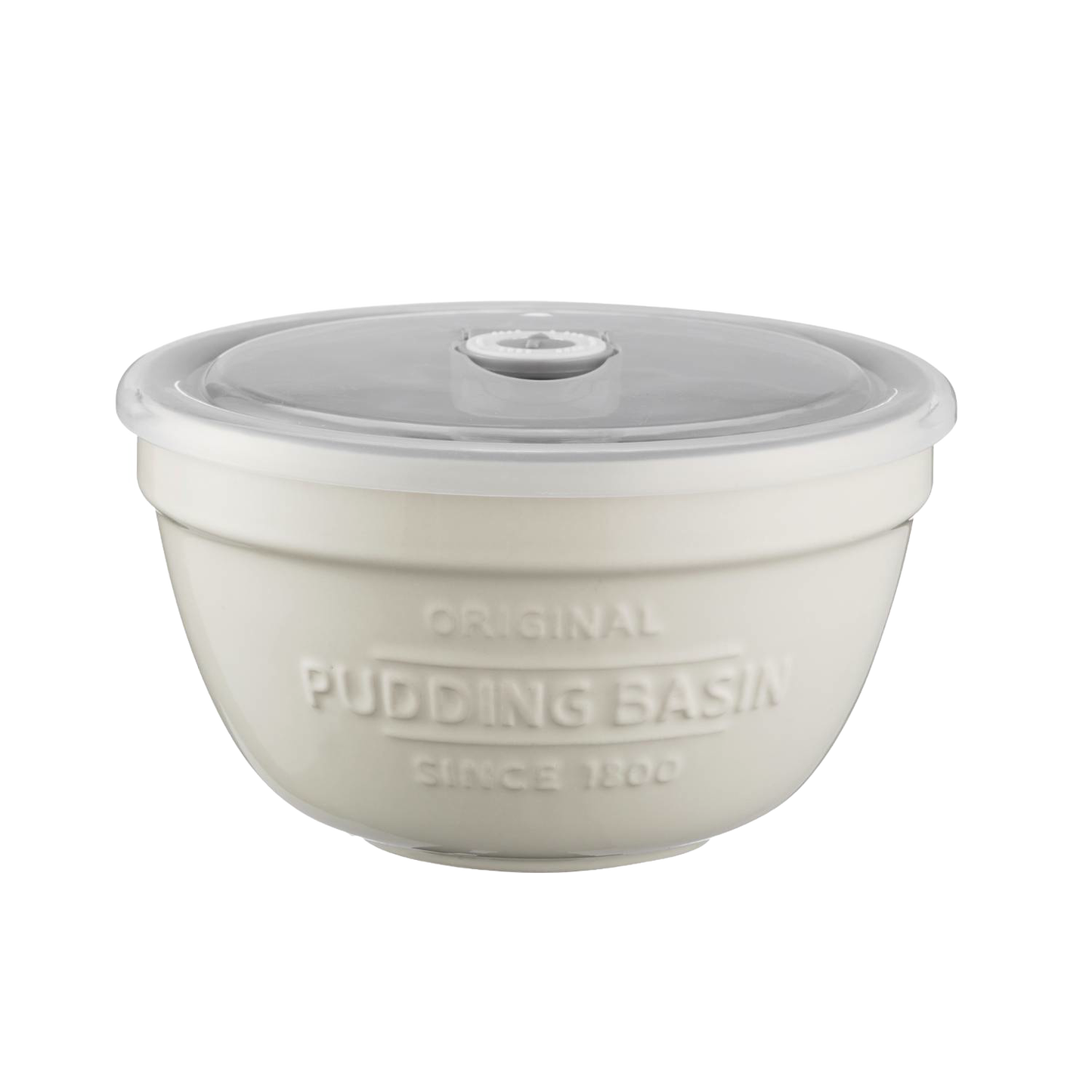 Cream-colored Mason Cash all-purpose bowl with vented airtight lid, embossed pudding basin text, designed for Kitchen & Food, Cookware, Baking Supplies, Storage and Serving, and Best Sellers.