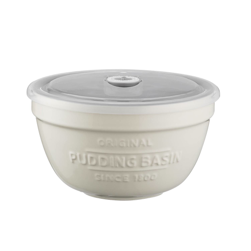 Cream-colored Mason Cash all-purpose bowl with vented airtight lid, embossed pudding basin text, designed for Kitchen & Food, Cookware, Baking Supplies, Storage and Serving, and Best Sellers.