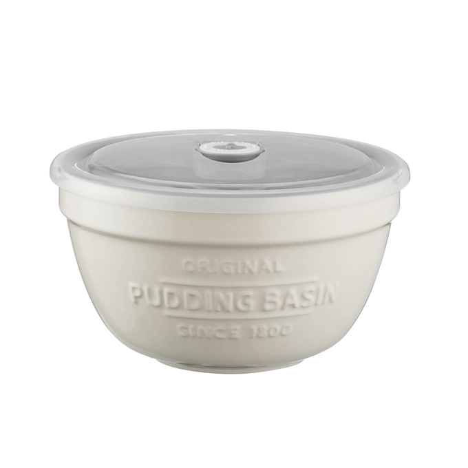 Cream-colored Mason Cash all-purpose bowl with vented airtight lid, embossed pudding basin text, designed for Kitchen & Food, Cookware, Baking Supplies, Storage and Serving, and Best Sellers.