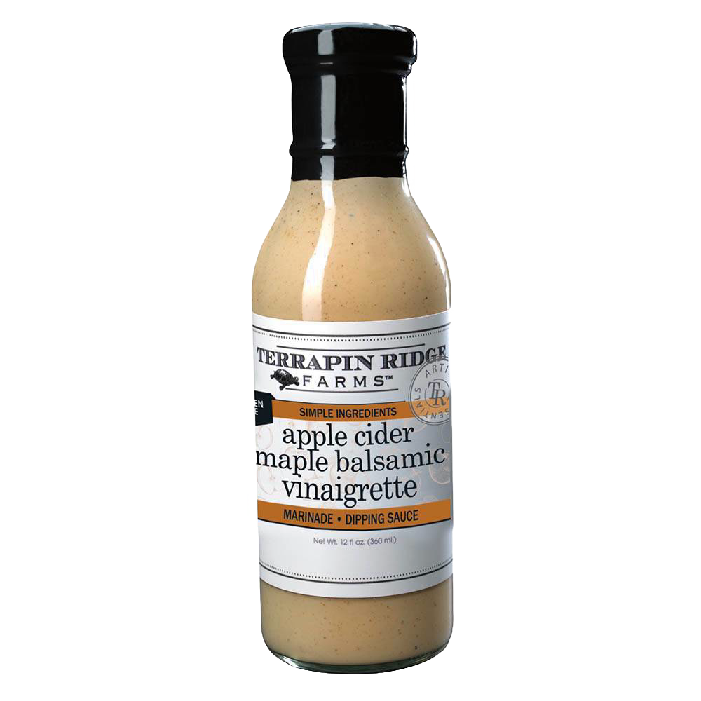 Bottle of apple cider maple balsamic vinaigrette with black cap and white label, featuring simple ingredients, ideal for Kitchen & Food, Pantry, Gluten Free, USA Made, and Best Sellers collections.