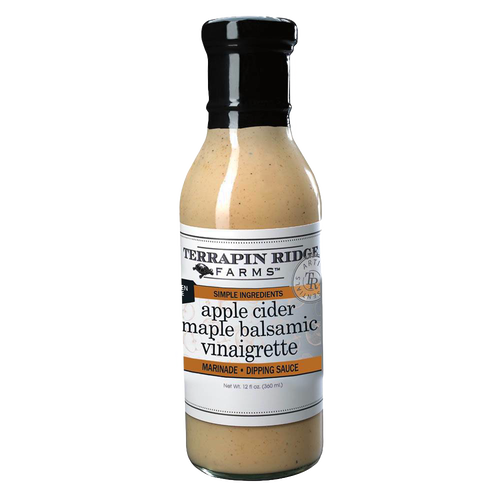 Bottle of apple cider maple balsamic vinaigrette with black cap and white label, featuring simple ingredients, ideal for Kitchen & Food, Pantry, Gluten Free, USA Made, and Best Sellers collections.
