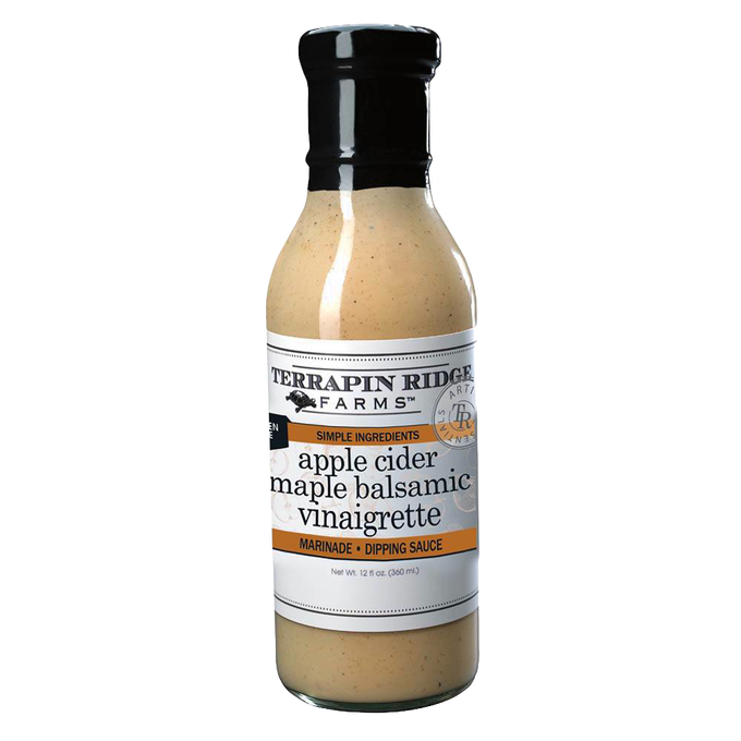 Bottle of apple cider maple balsamic vinaigrette with black cap and white label, featuring simple ingredients, ideal for Kitchen & Food, Pantry, Gluten Free, USA Made, and Best Sellers collections.