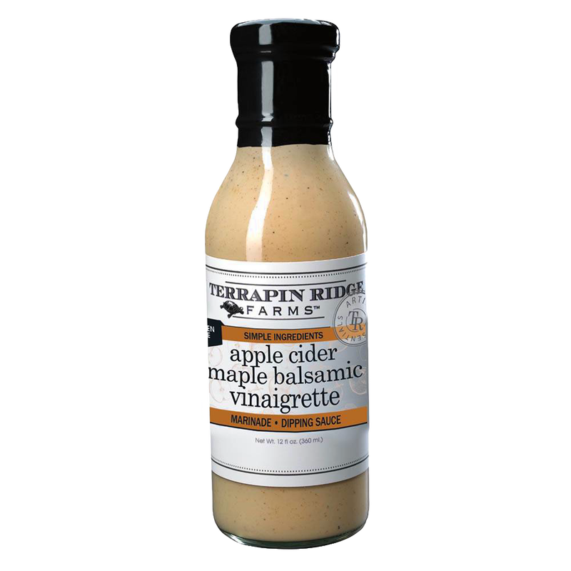 Bottle of apple cider maple balsamic vinaigrette with black cap and white label, featuring simple ingredients, ideal for Kitchen & Food, Pantry, Gluten Free, USA Made, and Best Sellers collections.