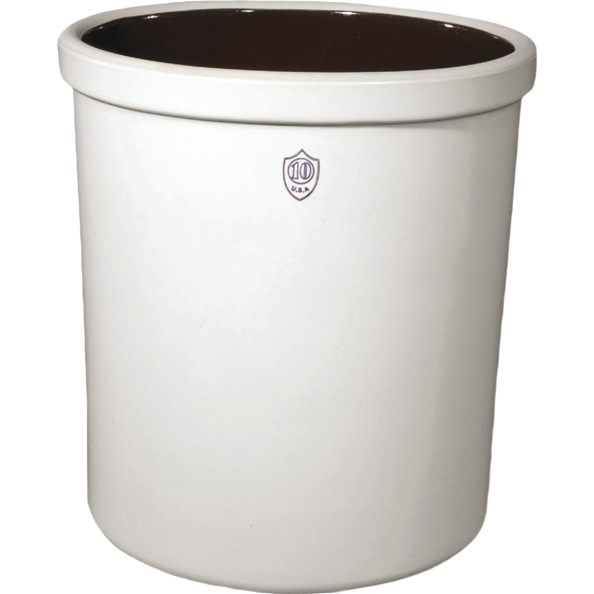 Large 10-gallon numbered stoneware crock with smooth glazed interior and cream exterior, handcrafted for food preservation and fermenting, featured in Kitchen & Food collections.
