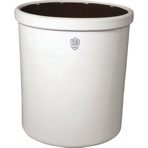Large 10-gallon numbered stoneware crock with smooth glazed interior and cream exterior, handcrafted for food preservation and fermenting, featured in Kitchen & Food collections.