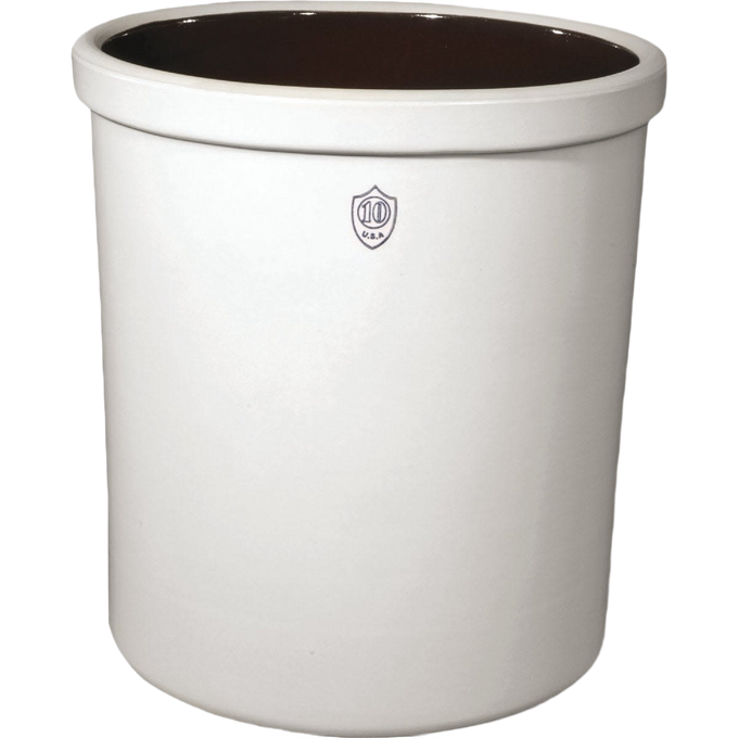 Large 10-gallon numbered stoneware crock with smooth glazed interior and cream exterior, handcrafted for food preservation and fermenting, featured in Kitchen & Food collections.
