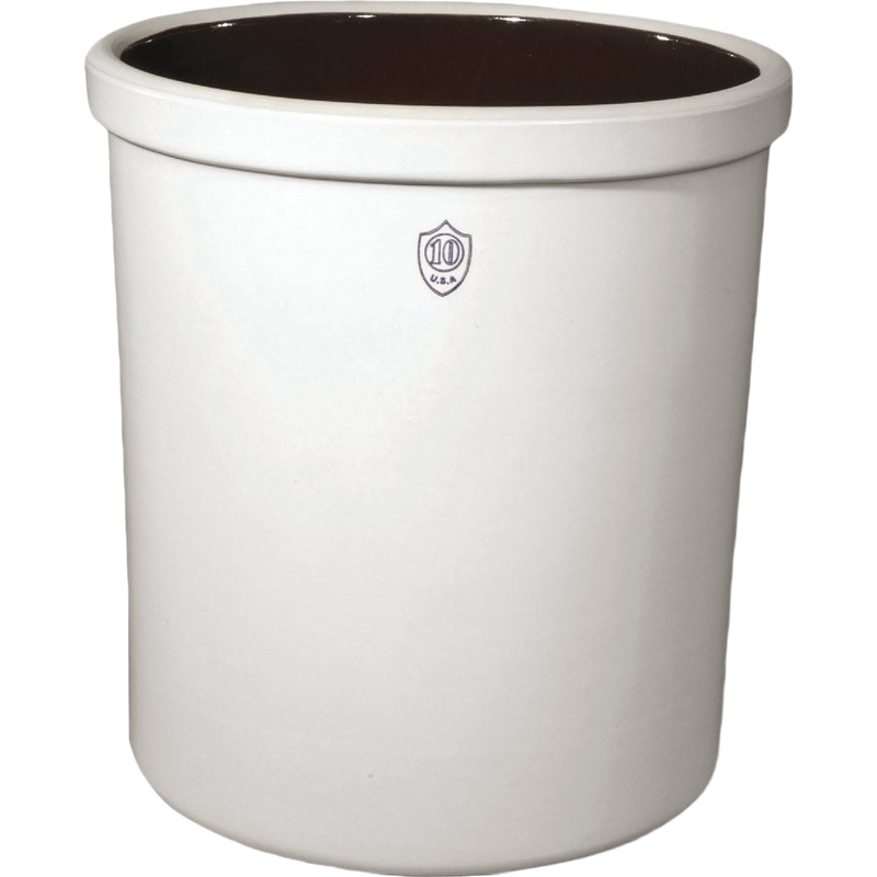 Large 10-gallon numbered stoneware crock with smooth glazed interior and cream exterior, handcrafted for food preservation and fermenting, featured in Kitchen & Food collections.