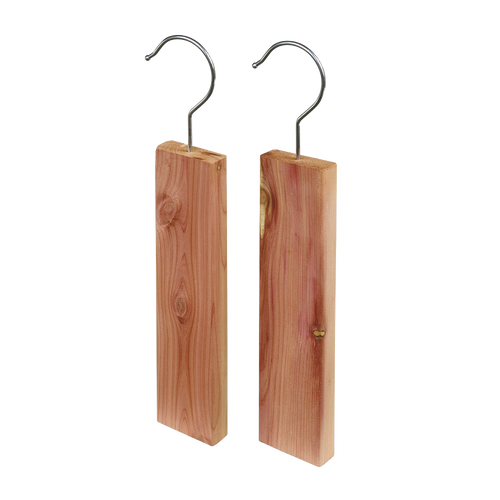 Two handcrafted red cedar hooks with natural wood grain and metal hangers, designed to repel moths and freshen closets, ideal for Health & Wellness and Home & Decor collections.