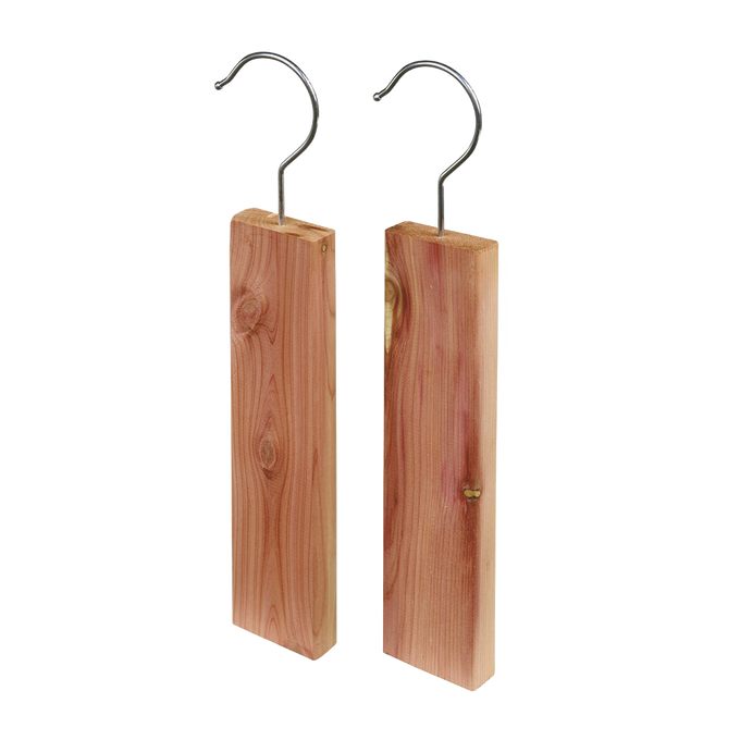 Two handcrafted red cedar hooks with natural wood grain and metal hangers, designed to repel moths and freshen closets, ideal for Health & Wellness and Home & Decor collections.