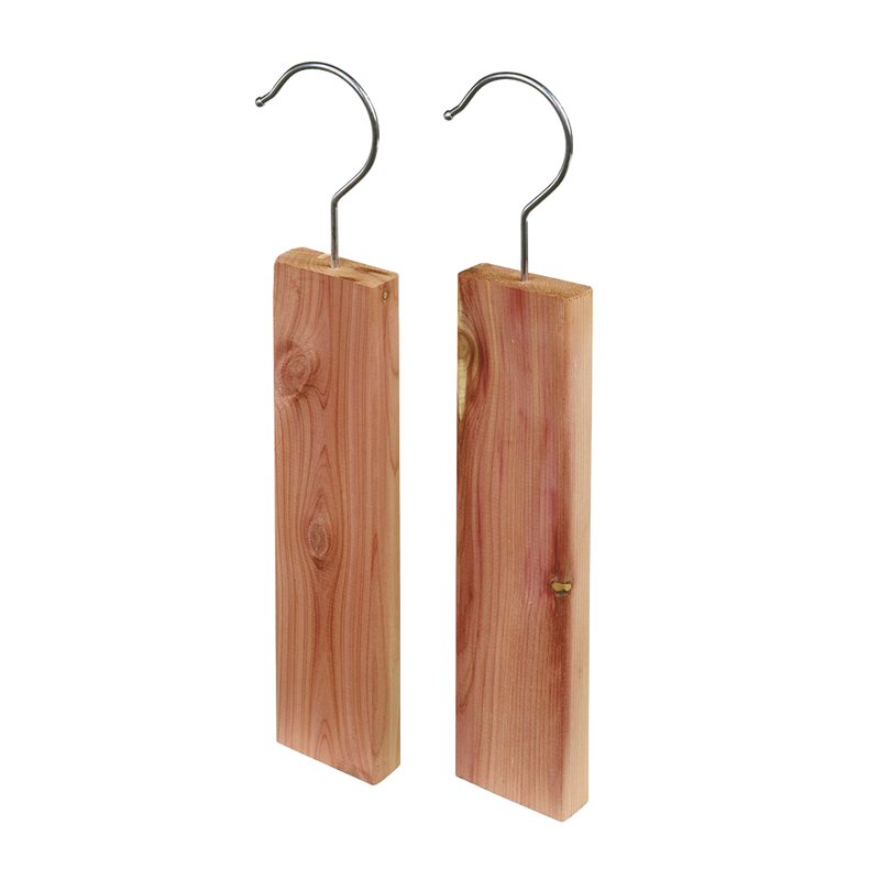 Two handcrafted red cedar hooks with natural wood grain and metal hangers, designed to repel moths and freshen closets, ideal for Health & Wellness and Home & Decor collections.