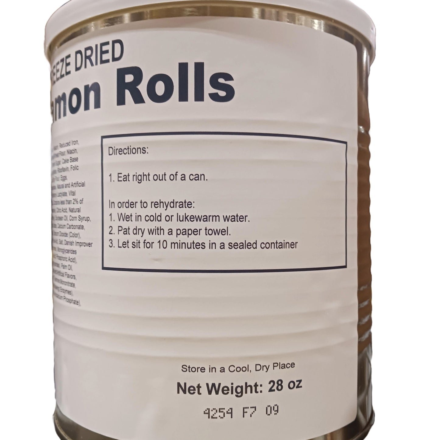 Close-up of a USA made freeze-dried cinnamon rolls can with preparation instructions for eating straight from the can or rehydrating, ideal for long-term food storage in Kitchen & Food and Emergency Supplies collections.