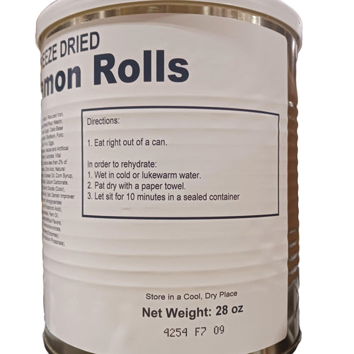 Close-up of a USA made freeze-dried cinnamon rolls can with preparation instructions for eating straight from the can or rehydrating, ideal for long-term food storage in Kitchen & Food and Emergency Supplies collections.