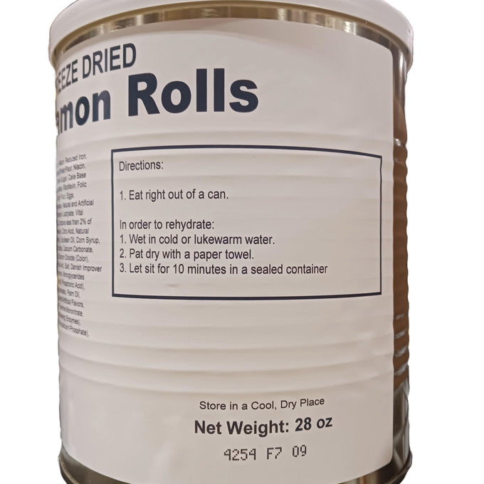 Close-up of a USA made freeze-dried cinnamon rolls can with preparation instructions for eating straight from the can or rehydrating, ideal for long-term food storage in Kitchen & Food and Emergency Supplies collections.