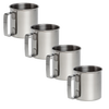 Set of four seamless stainless steel cups with convenient handles, durable and lightweight for camping, kitchen, or outdoor use, featured in Farm, Garden & Tool and Dinnerware collections.
