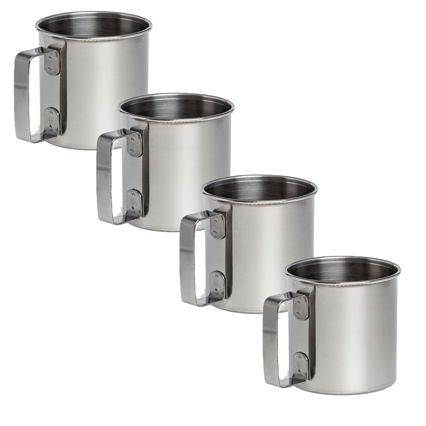 Set of four seamless stainless steel cups with convenient handles, durable and lightweight for camping, kitchen, or outdoor use, featured in Farm, Garden & Tool and Dinnerware collections.