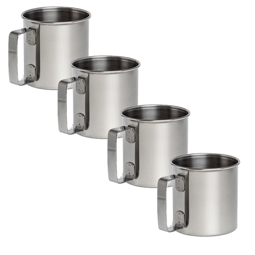 Set of four seamless stainless steel cups with convenient handles, durable and lightweight for camping, kitchen, or outdoor use, featured in Farm, Garden & Tool and Dinnerware collections.