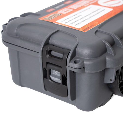 Durable gray waterproof seed vault case with secure black latch, designed for storing heirloom seeds safely, crafted for farm, garden, and planting needs.