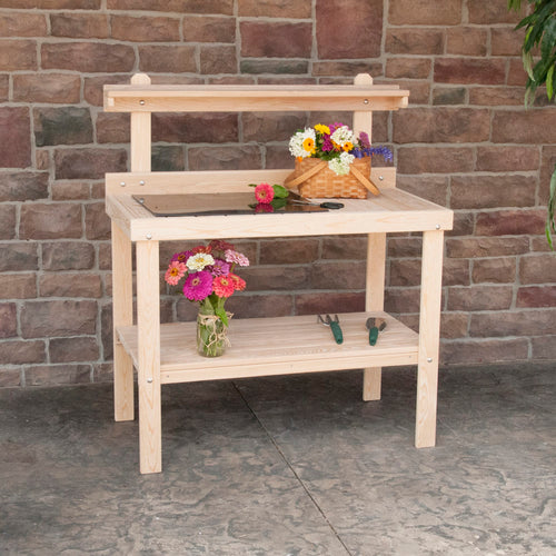 Handcrafted Amish-made unfinished cypress garden table with a raised back shelf, lower slatted storage, and natural wood surface, perfect for outdoor gardening tasks.