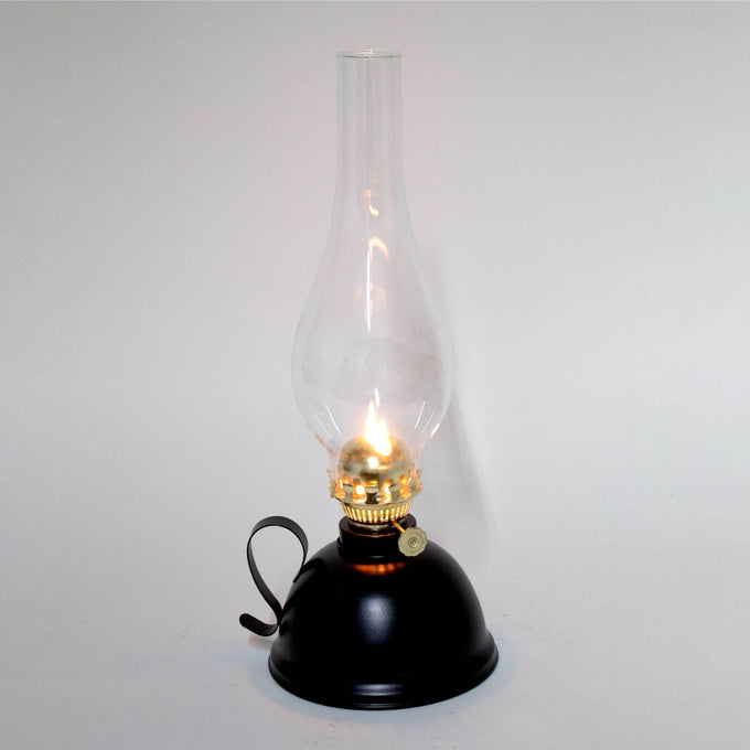 Handcrafted vintage-style oil lamp with a black steel round font, curved handle, and clear glass chimney, designed for reliable lighting in Farm, Garden & Tool, Emergency Supplies, and Best Sellers collections.
