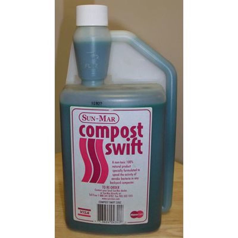 Blue liquid compost additive bottle with a built-in measuring cap, designed to enhance aerobic microbial activity for faster composting in Farm, Garden & Tool and Composting collections.