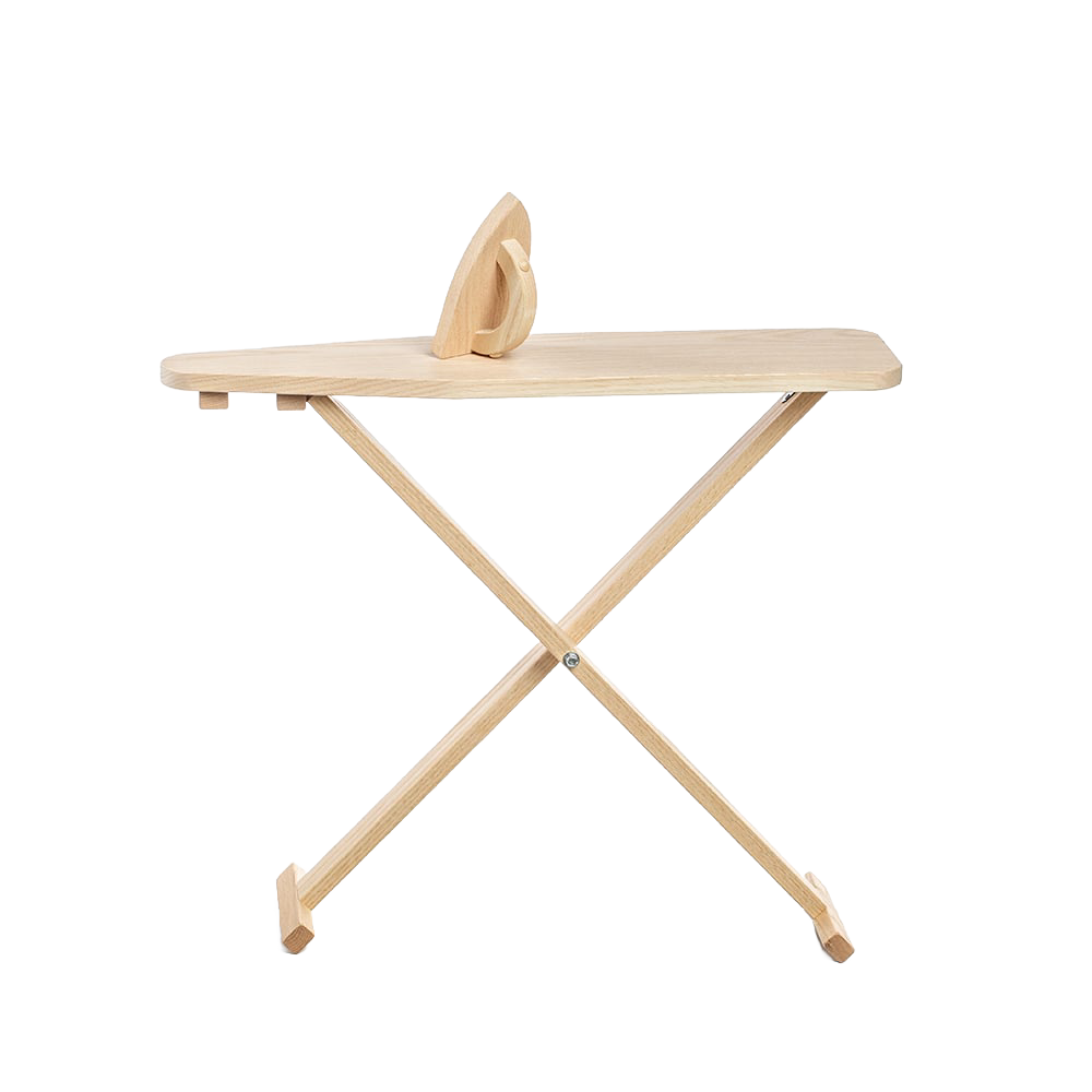 Handcrafted Amish-made wooden toy ironing board and iron set made of smooth unfinished oak, perfect for indoor play and imaginative children's toys in USA Made and Wooden Toys collections.