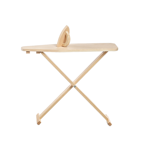 Handcrafted Amish-made wooden toy ironing board and iron set made of smooth unfinished oak, perfect for indoor play and imaginative children's toys in USA Made and Wooden Toys collections.