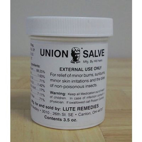Small white jar of handcrafted Union Salve made in USA, designed to soothe minor burns, sunburns, and skin irritations, featured in Health & Wellness and Best Sellers collections.