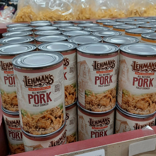 Rows of handcrafted Lehman’s canned pork in metal cans, fully cooked and ready to heat, displayed for sale in Farm, Garden & Tool, Kitchen & Food, Emergency Supplies, and Meats collections.